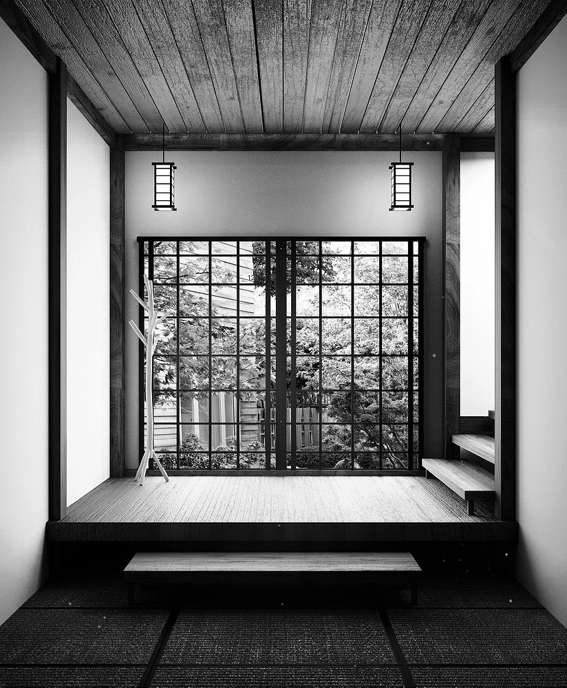 Hallway black and white photo