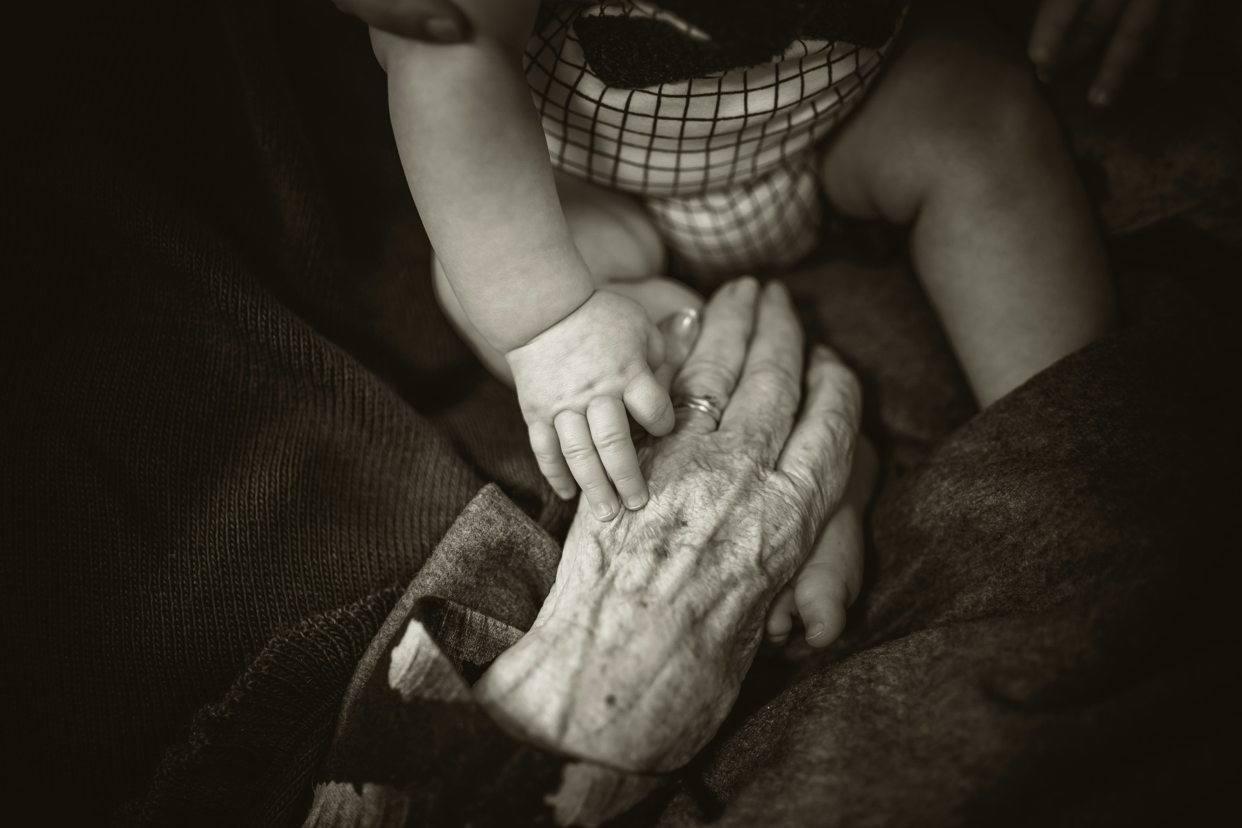 elderly hand holding a little baby hand